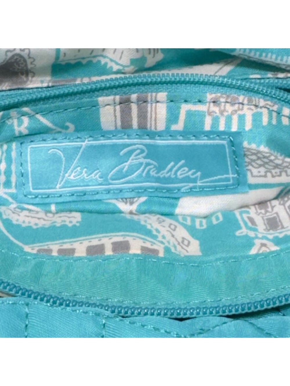 VERA BRADLEY Women's Handbag Blue Quilted Fabric Patent Leather Trim Zip Pocket - Picture 13 of 16